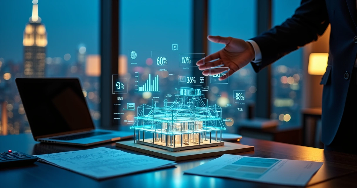 Executivo de hotel projetando custos e comissão de OTA sobre maquete de prédio hoteleiro 