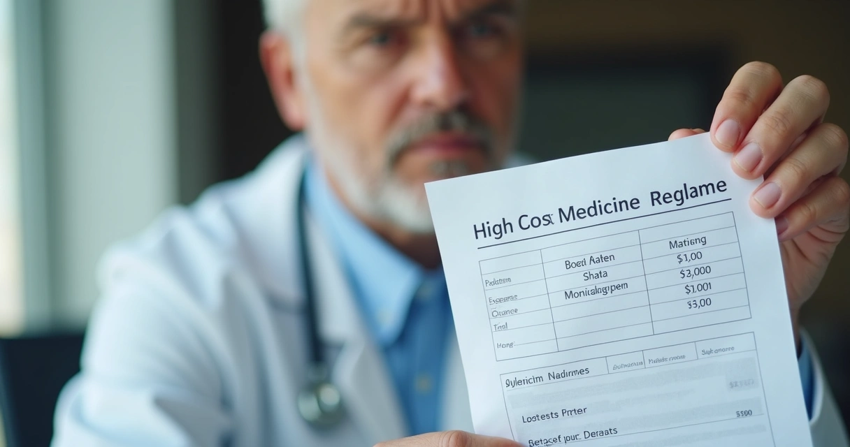 Receita médica com nomes de medicamentos caros e planilhas de preços 