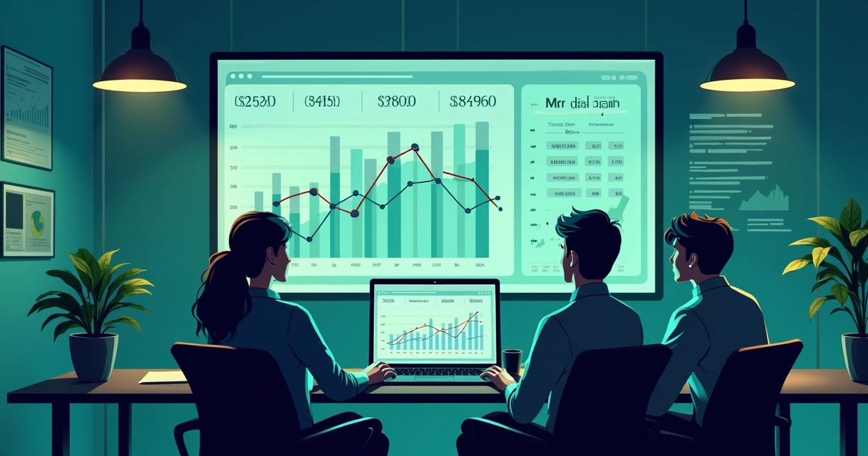 Gráfico de receita recorrente mensal crescente em ambiente de empresa de tecnologia 