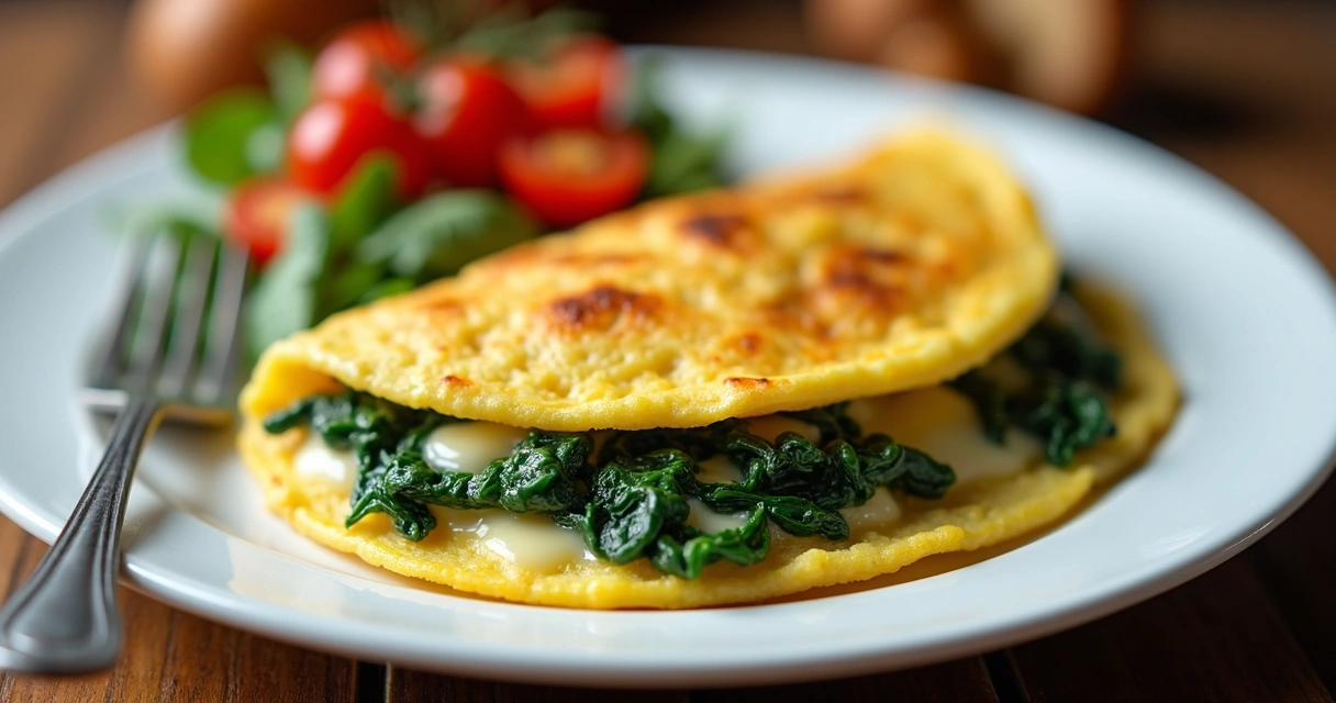 Omelete dourado com espinafre e queijo no prato 