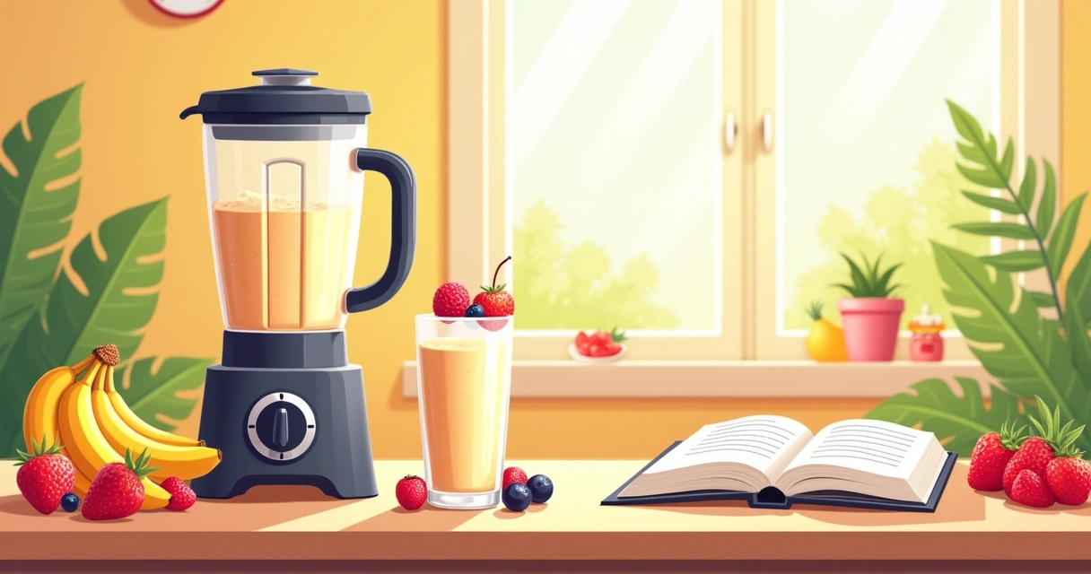 Batedeira com whey protein, frutas, e livro de receitas em uma cozinha iluminada.