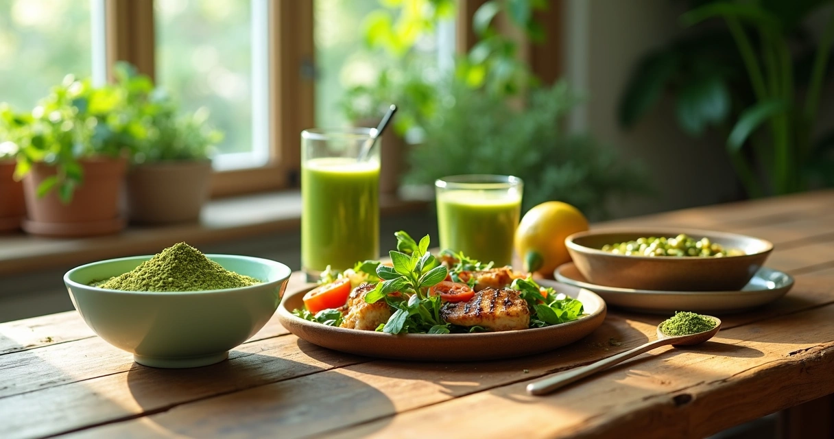 Mesa posta com diversas refeições contendo moringa em cápsulas, pó e pratos naturais variados 
