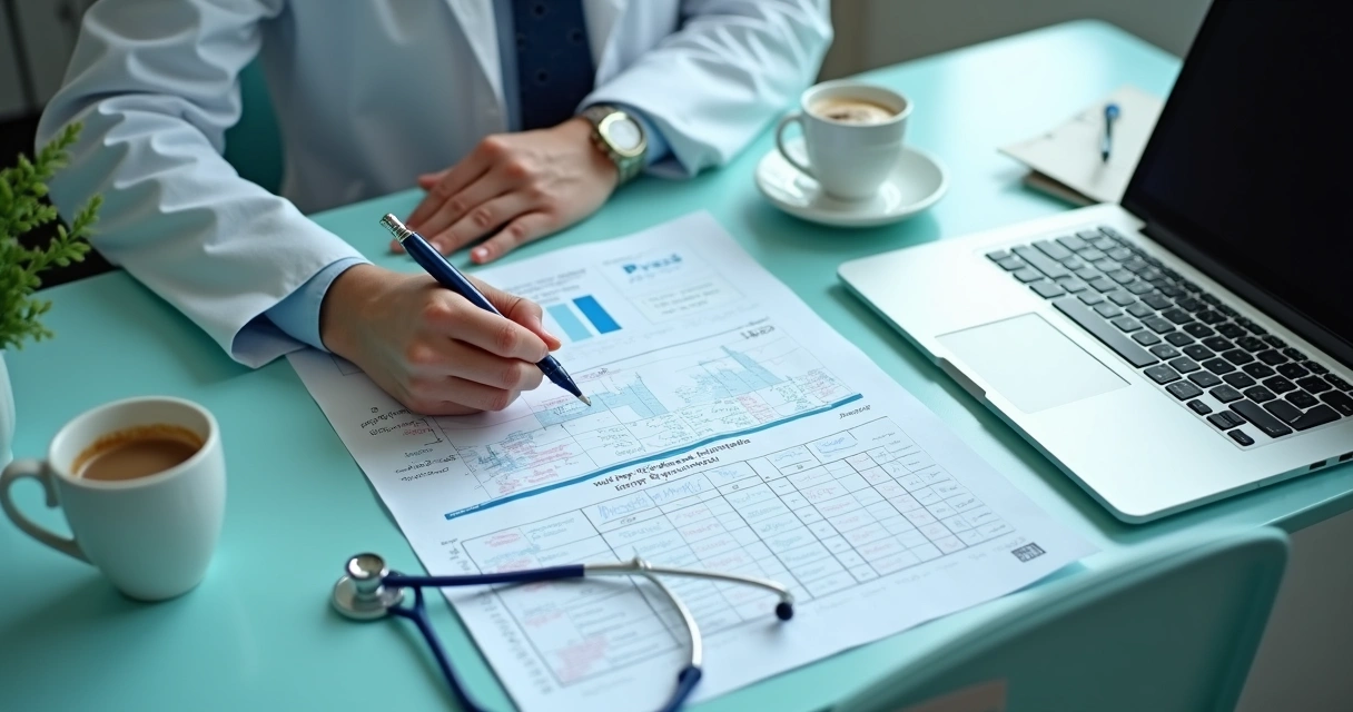 Planilha de receitas e resultados clínicos sendo preenchida no consultório 