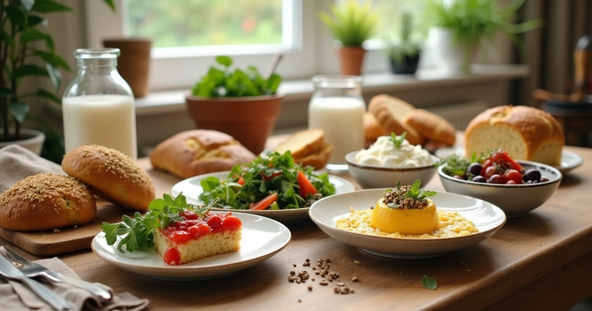 Mesa com várias receitas sem lactose incluindo pães, sobremesas veganas e pratos coloridos com ingredientes naturais 