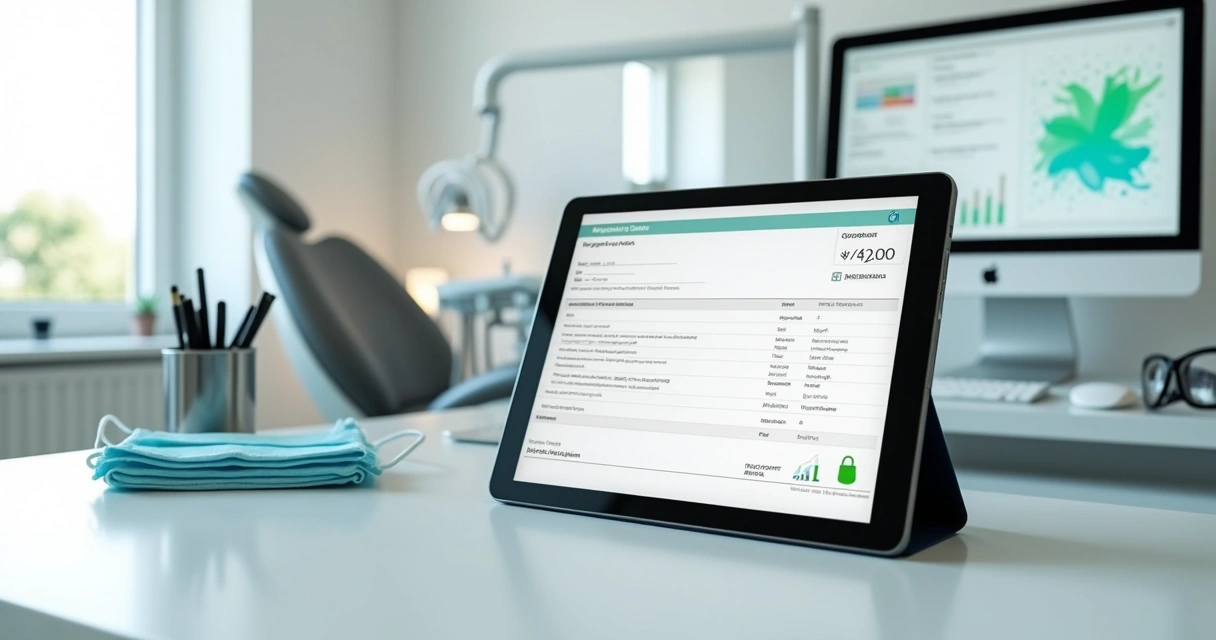 Tela com receituário digital destacado sobre mesa de consultório odontológico 