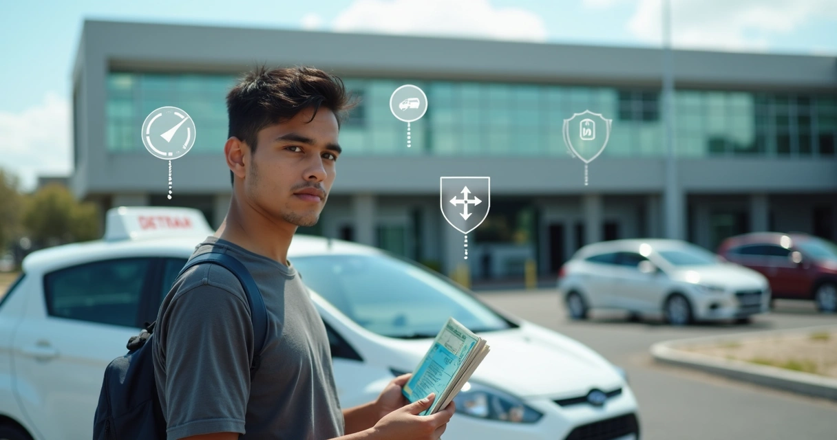 Jovem recém-habilitado segurando CNH ao lado de carro com ilustração de pontos e placas de trânsito 