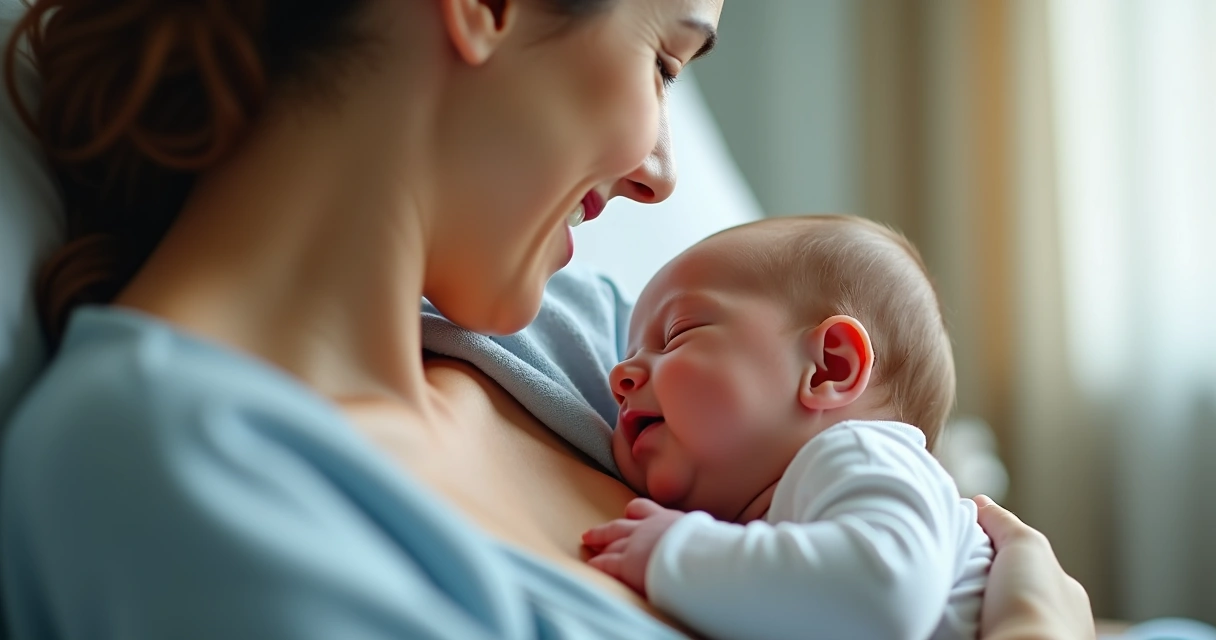 Bebê recém-nascido aninhado no colo da mãe depois do parto 
