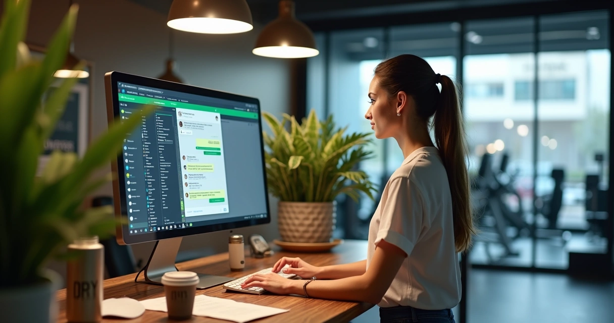 Recepcionista de academia atendendo mensagens no WhatsApp em um computador novo com plantas ao fundo