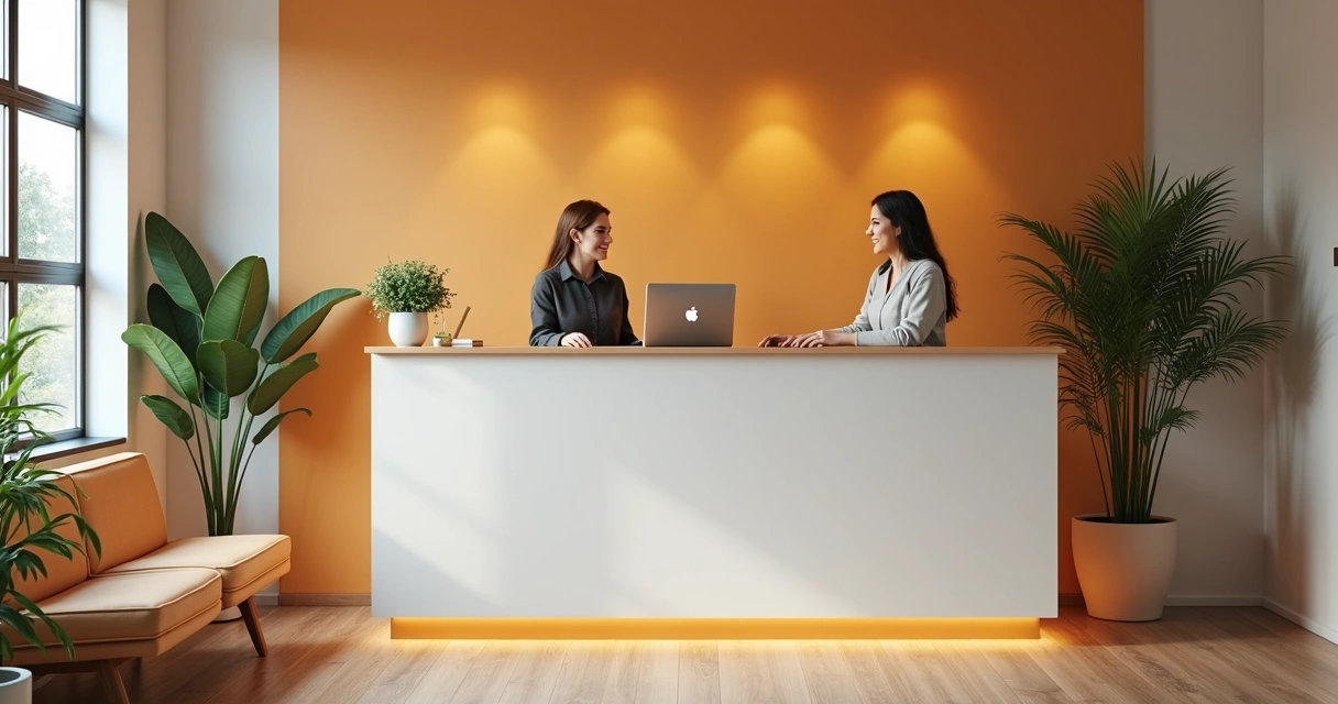 Recepção de academia ou consultório organizada e acolhedora 