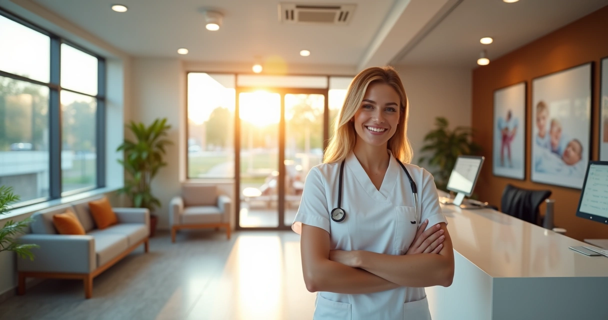 Recepção de clínica odontológica moderna com ambiente organizado, luz natural e equipe sorridente atendendo paciente 