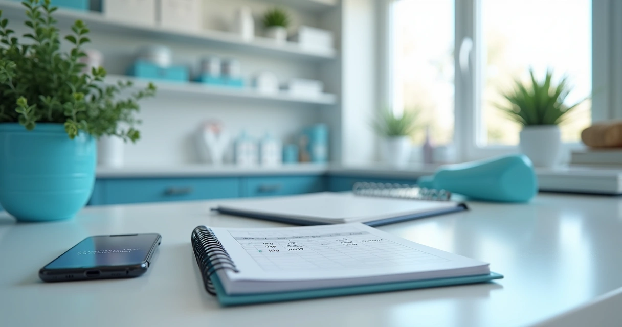 Recepção de clínica com agenda digital aberta em notebook 