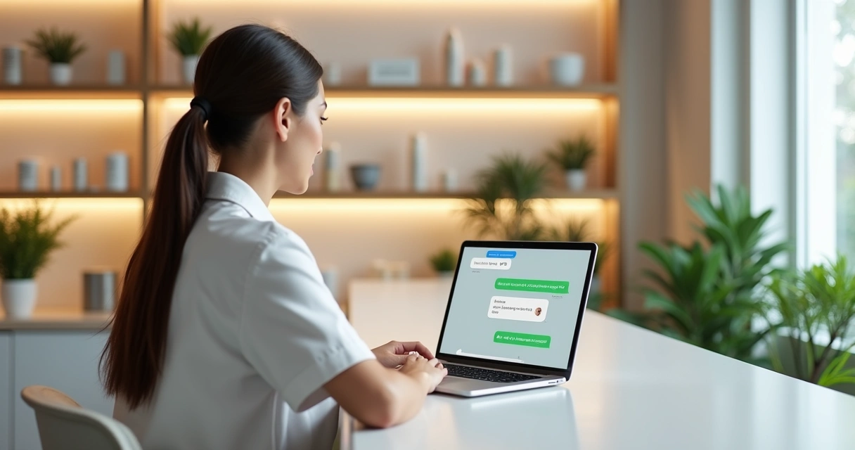 Recepcionista em clínica de estética enviando confirmação de agendamento via WhatsApp no computador da recepção 