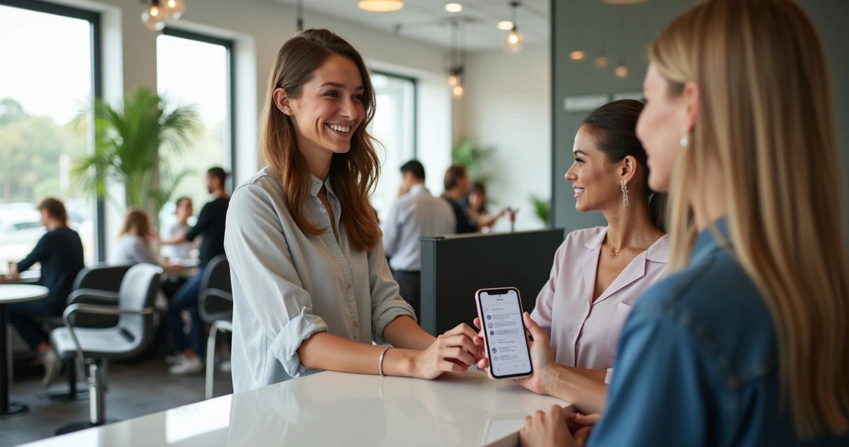 Recepcionista ao fundo liberada por automação, atendendo clientes presencialmente em salão de beleza moderno 