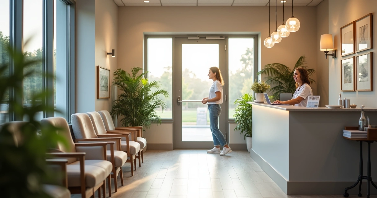 Recepção de clínica odontológica com decoração aconchegante e atendente sorridente