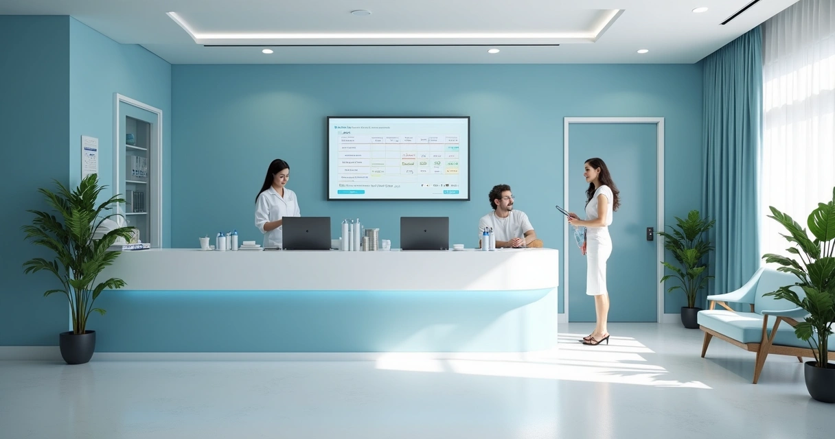 Recepção de clínica odontológica com agenda organizada e pacientes chegando 