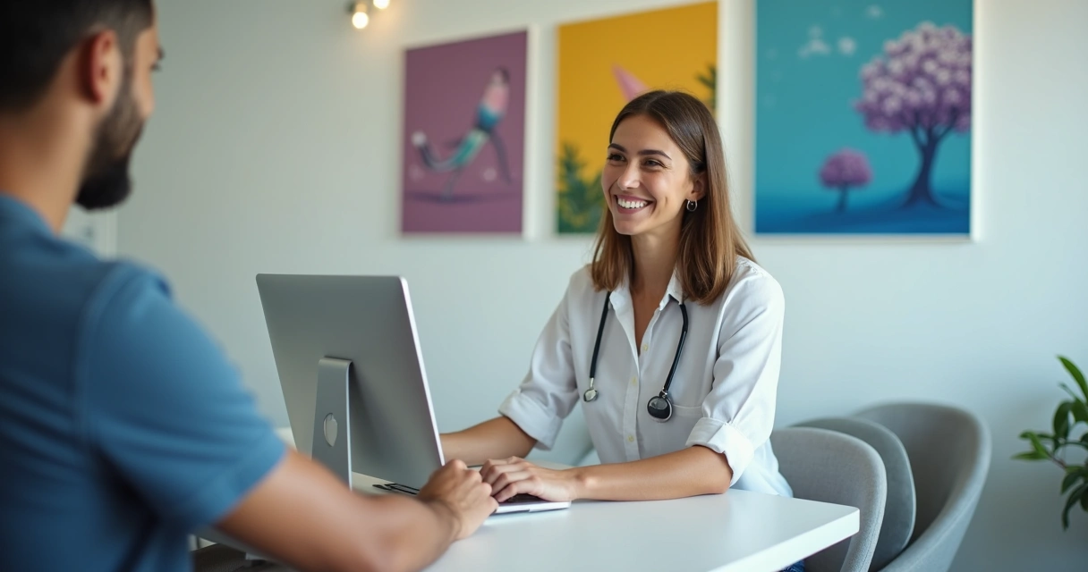 Recepcionista de clínica odontológica atendendo paciente e organizando agendamentos 