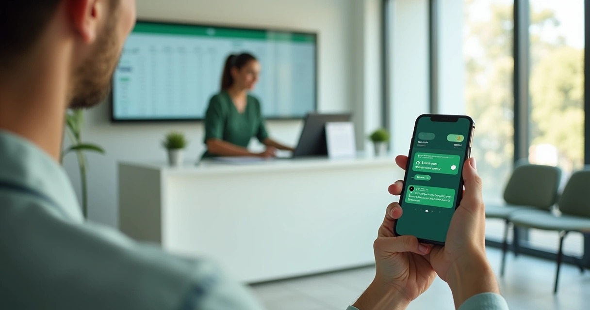 Recepcionista de clínica organizando consultas no computador enquanto paciente confirma horário pelo WhatsApp no celular 