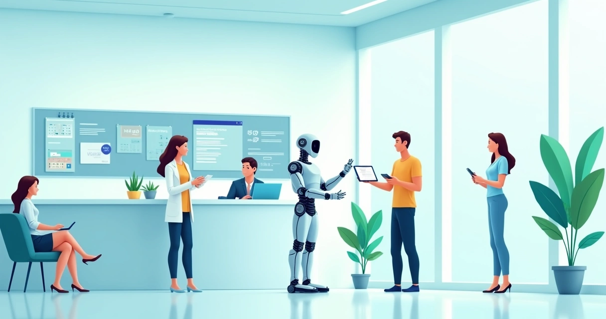 Recepção de clínica médica moderna com assistente virtual agendando consultas em tela digital.
