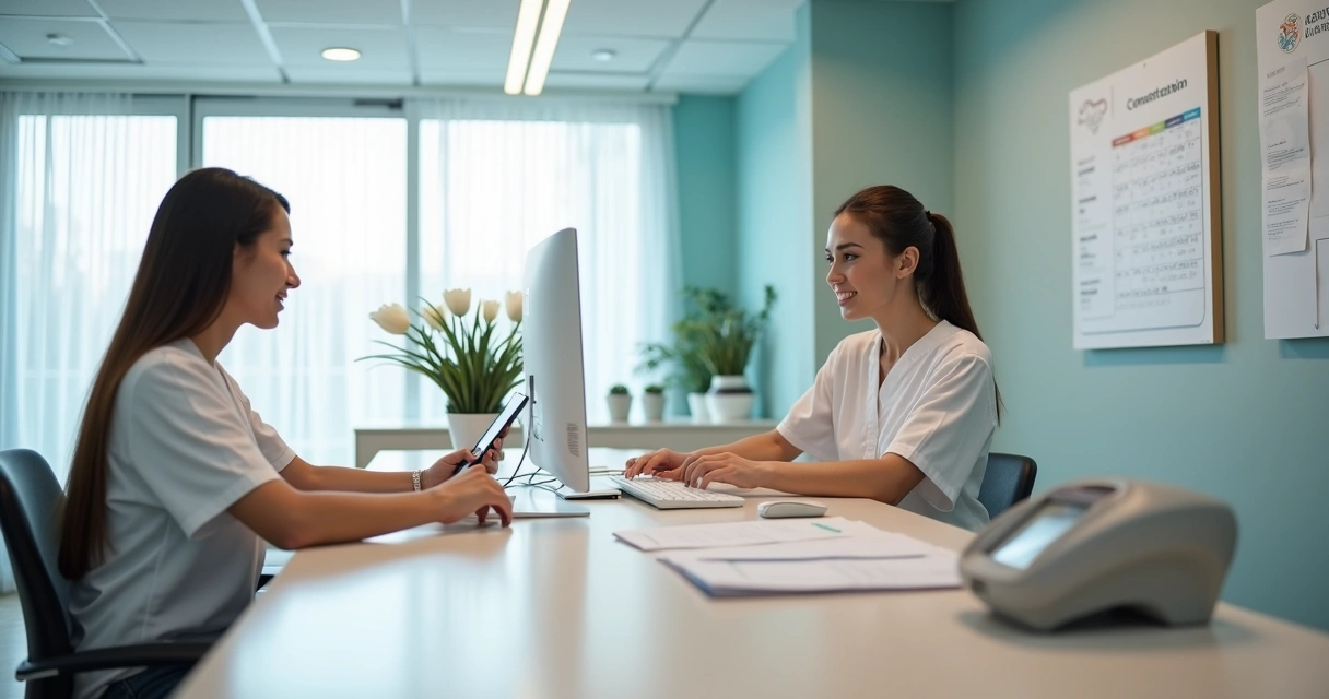 Recepção de clínica com atendimento e controle de pacientes 