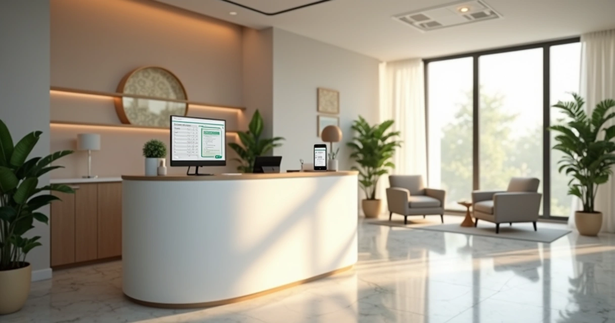 Recepção moderna de clínica de estética com balcão elegante, computador, smartphone exibindo chatbot WhatsApp, decoração clean e luz natural abundante 