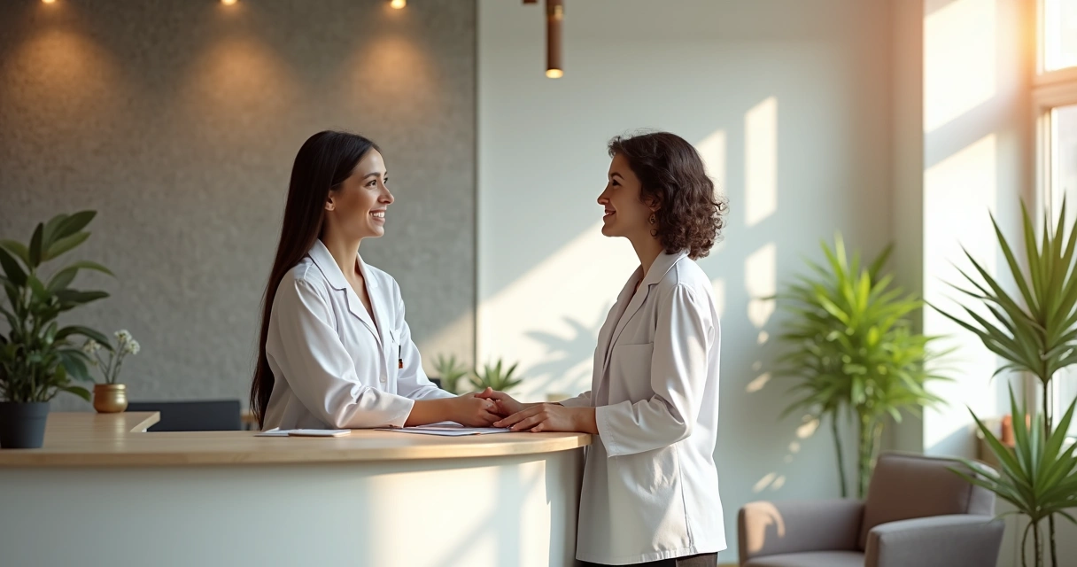 Recepcionista recebendo cliente em clínica organizada 