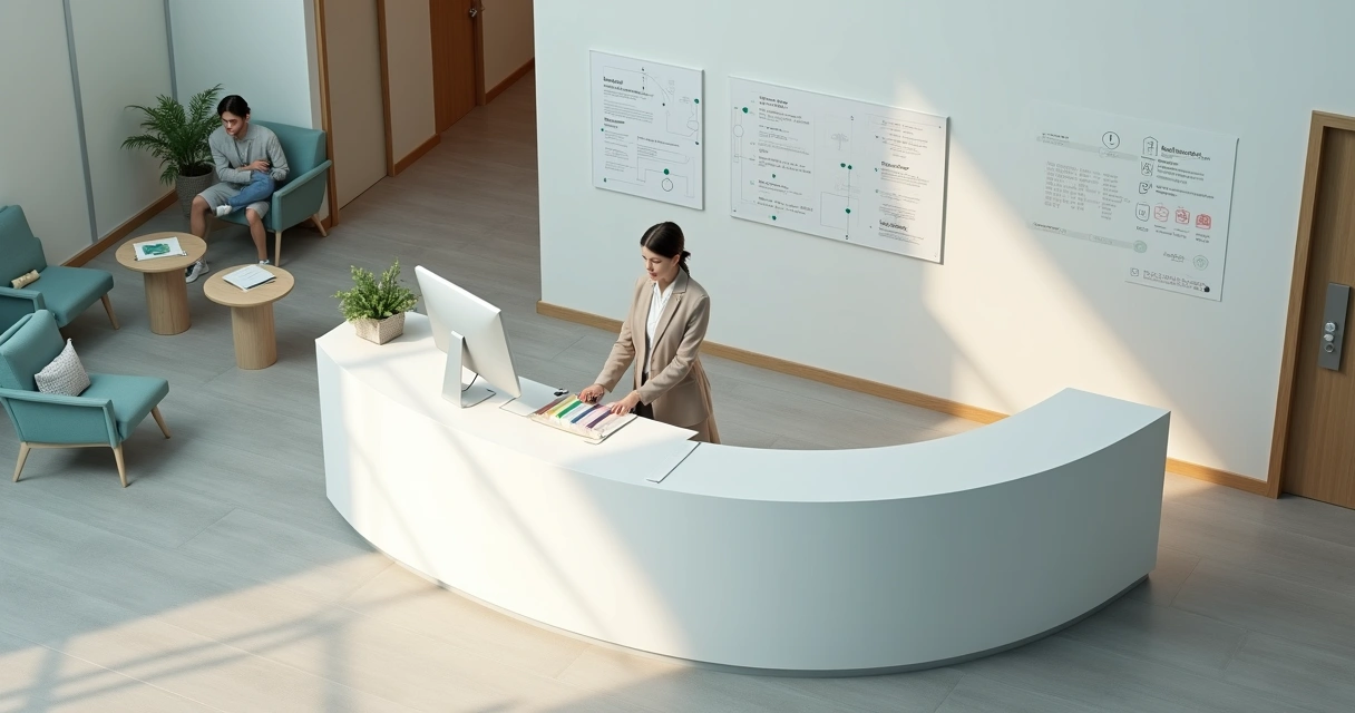 Recepção de clínica médica moderna e organizada vista de cima 