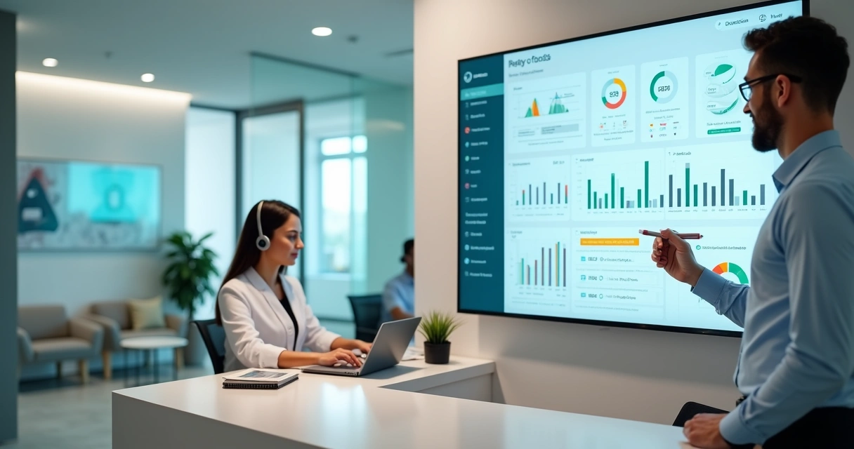 Gestor analisa painel com métricas de atendimento em recepção de clínica moderna 