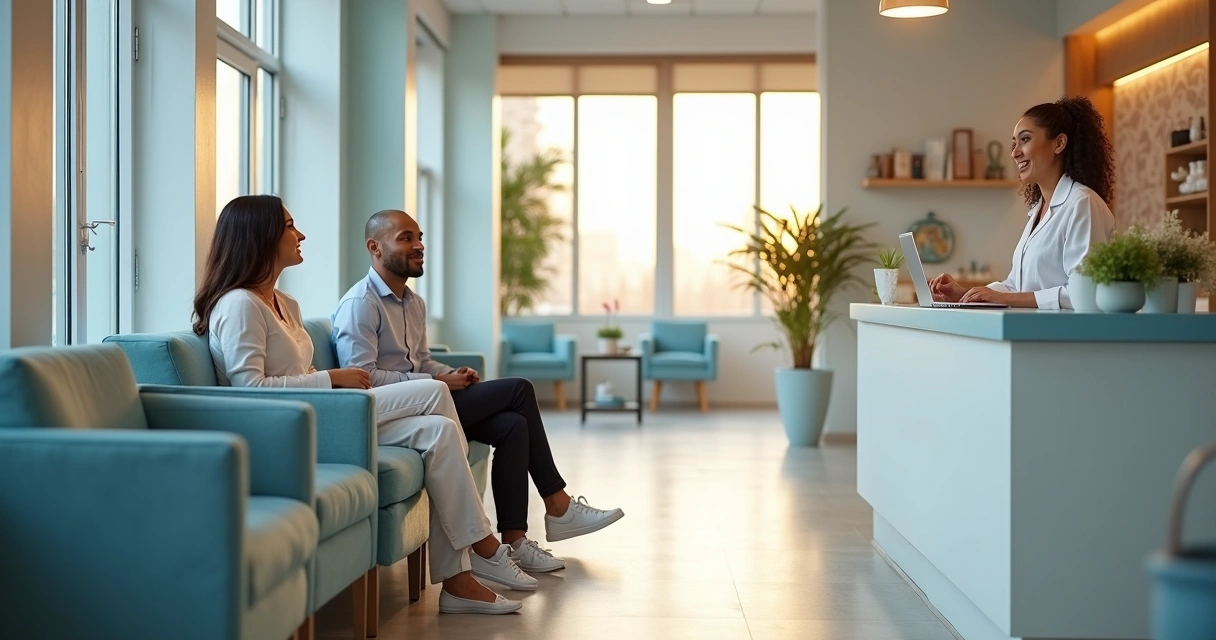 Recepção moderna de clínica odontológica com ambiente acolhedor e pessoas esperando