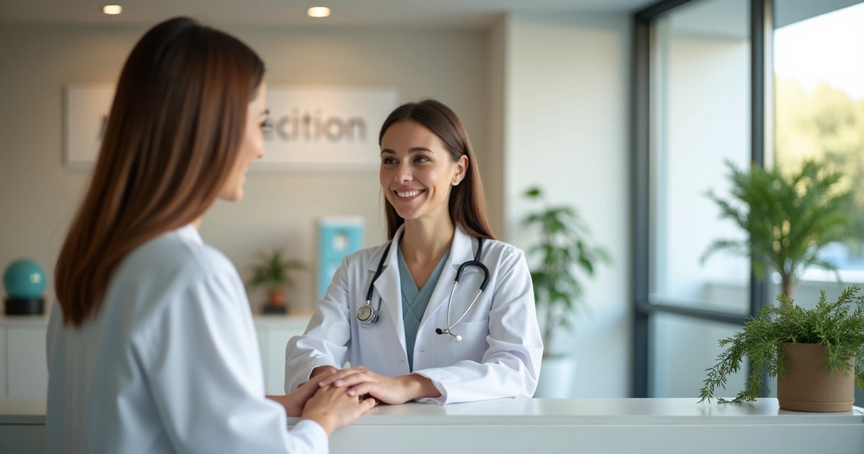 Recepção médica acolhendo paciente na clínica com sorridente secretária e ambiente leve 