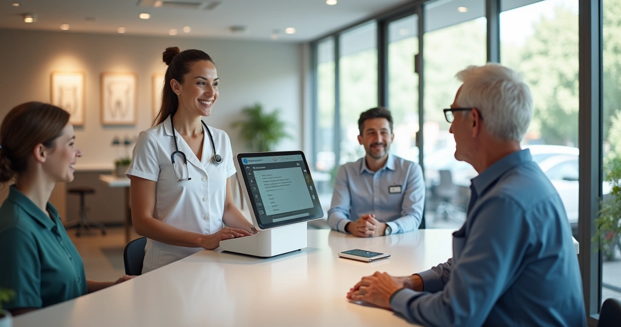 Recepção de clínica odontológica moderna com digitalização e atendimento humanizado.