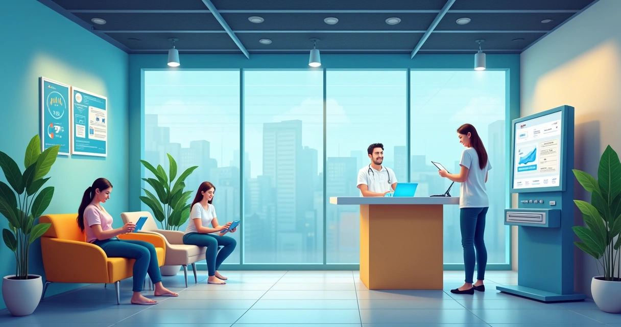 Recepção de clínica moderna, mostrando automação com quiosque digital, pacientes felizes e ambiente acolhedor.