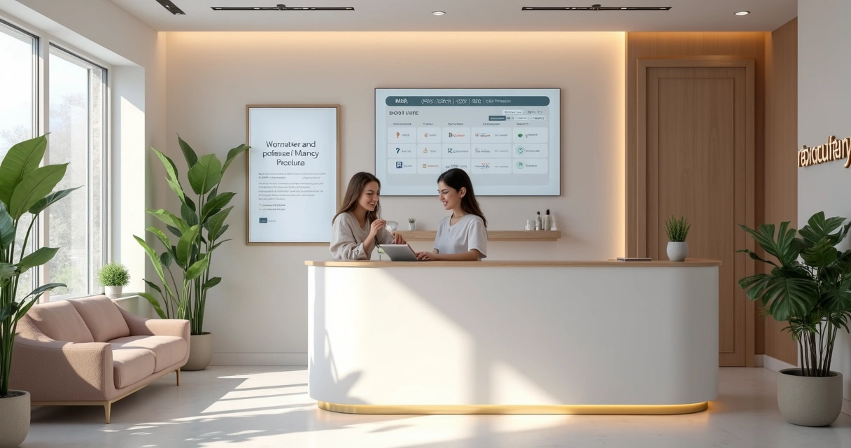 Recepção de clínica de estética moderna cheia de tecnologia 