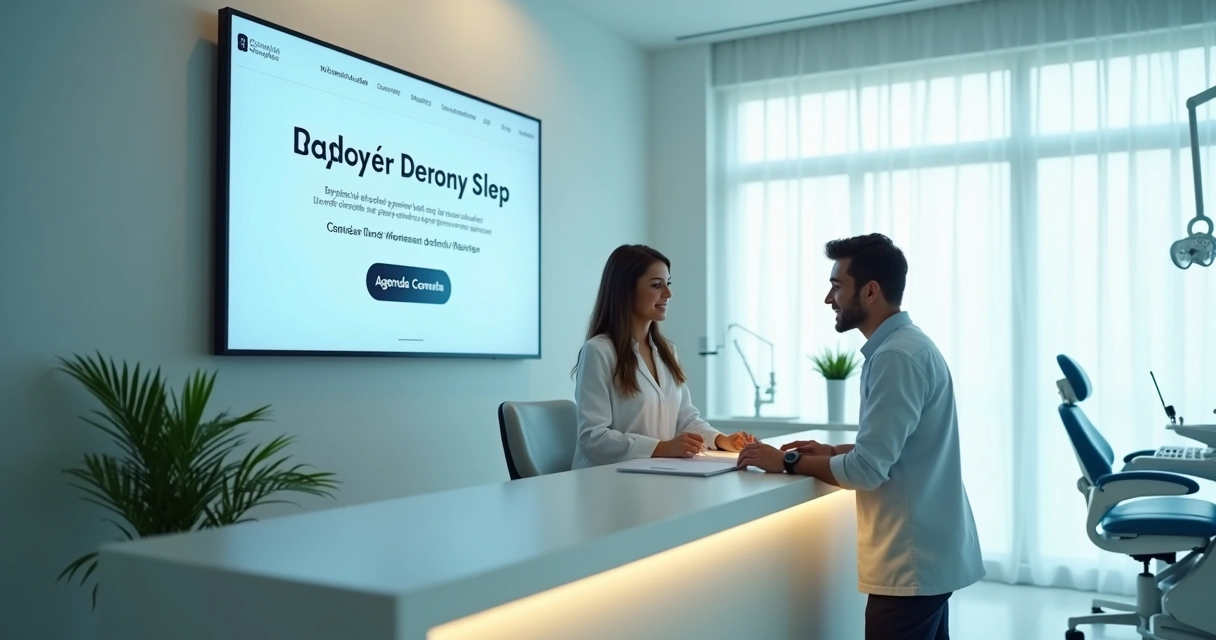Recepção moderna de clínica odontológica com paciente sendo atendido