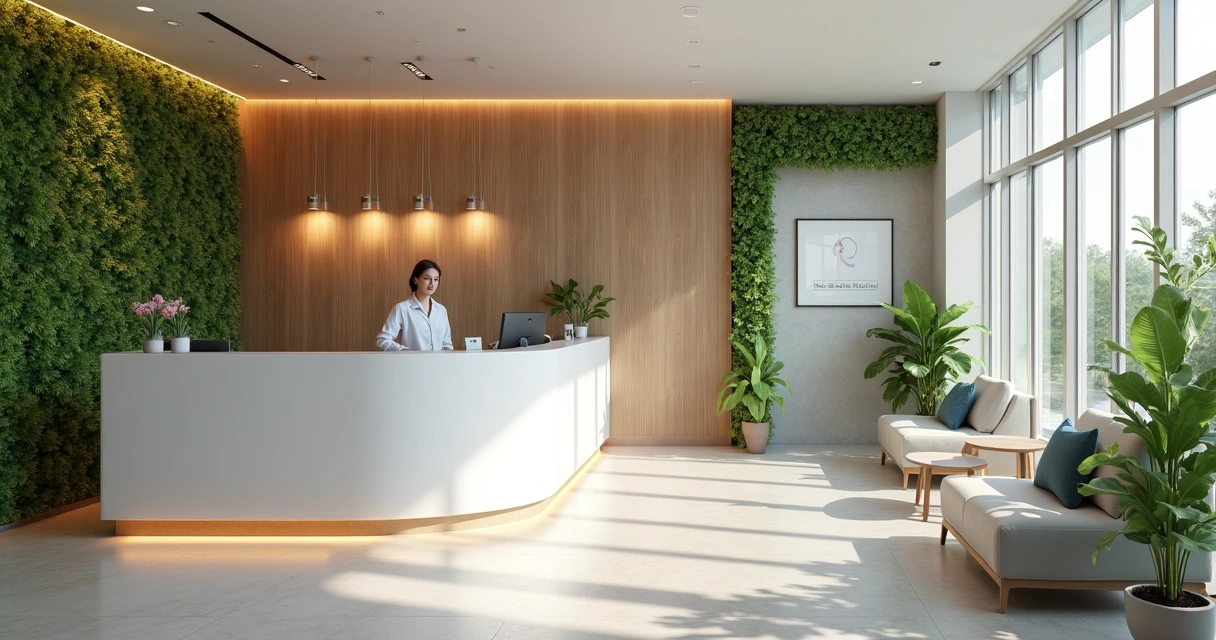Recepção de clínica odontológica moderna e acolhedora