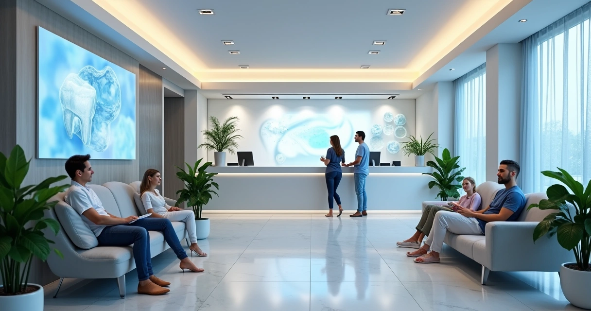Recepção de clínica odontológica moderna, organizada e com pacientes aguardando