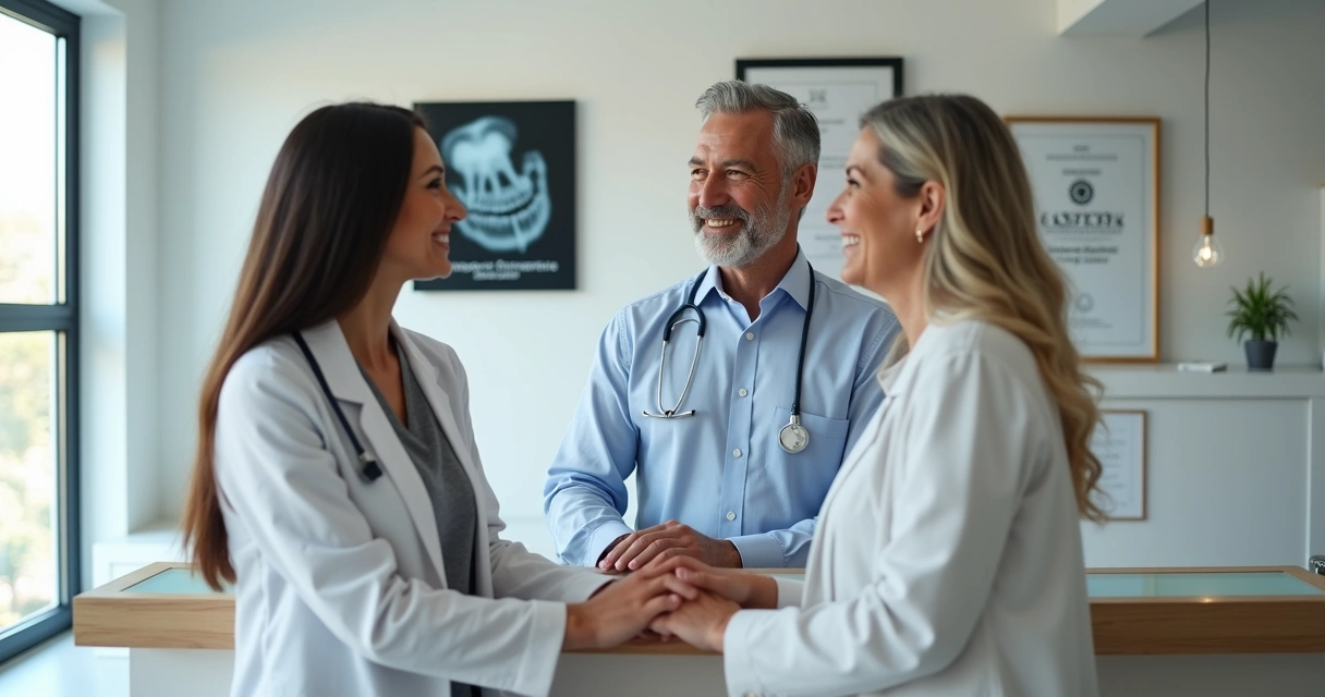 Recepção elegante de clínica odontológica, equipe sorrindo