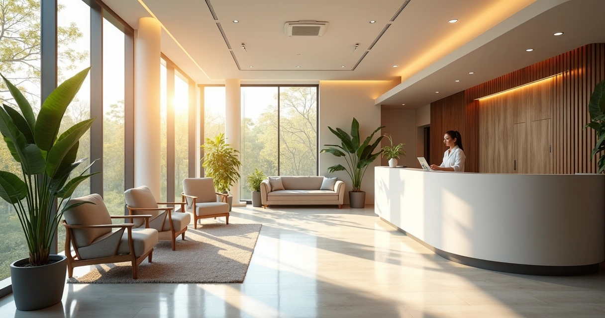 Recepção de clínica médica moderna e iluminada com detalhes acolhedores 