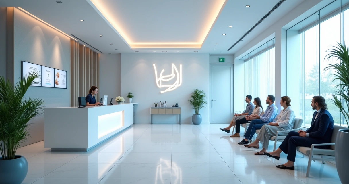 Recepção de clínica médica moderna, com logotipo visível e pacientes aguardando, transmitindo credibilidade e padronização 
