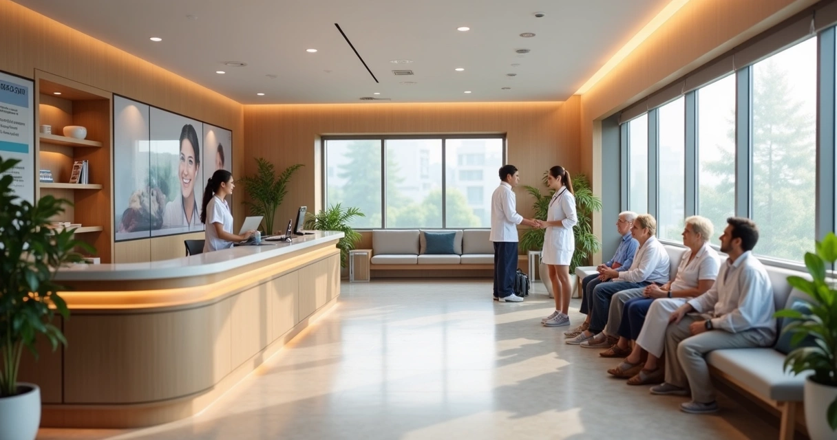 Recepção de clínica moderna com pacientes sendo recebidos 