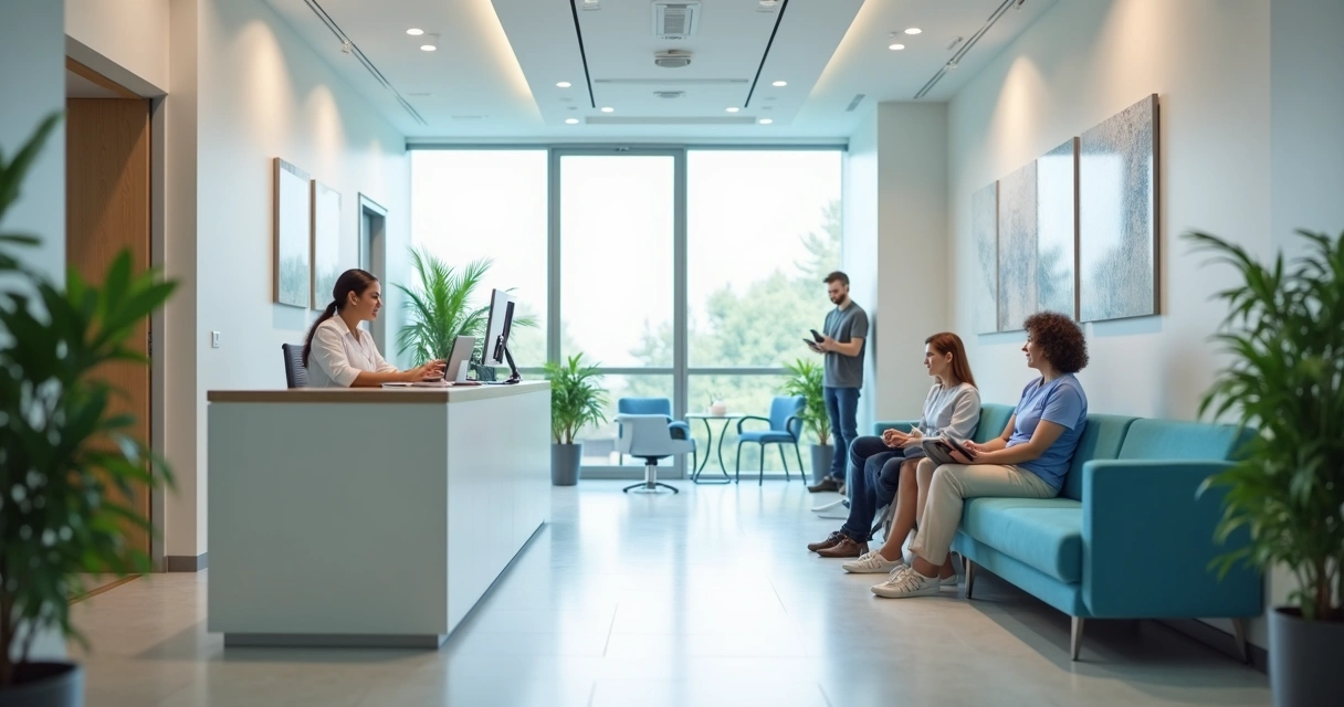 Recepção de clínica odontológica com pacientes aguardando