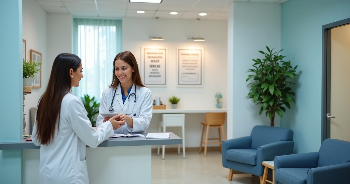 Recepção de clínica com atendimento em vários idiomas