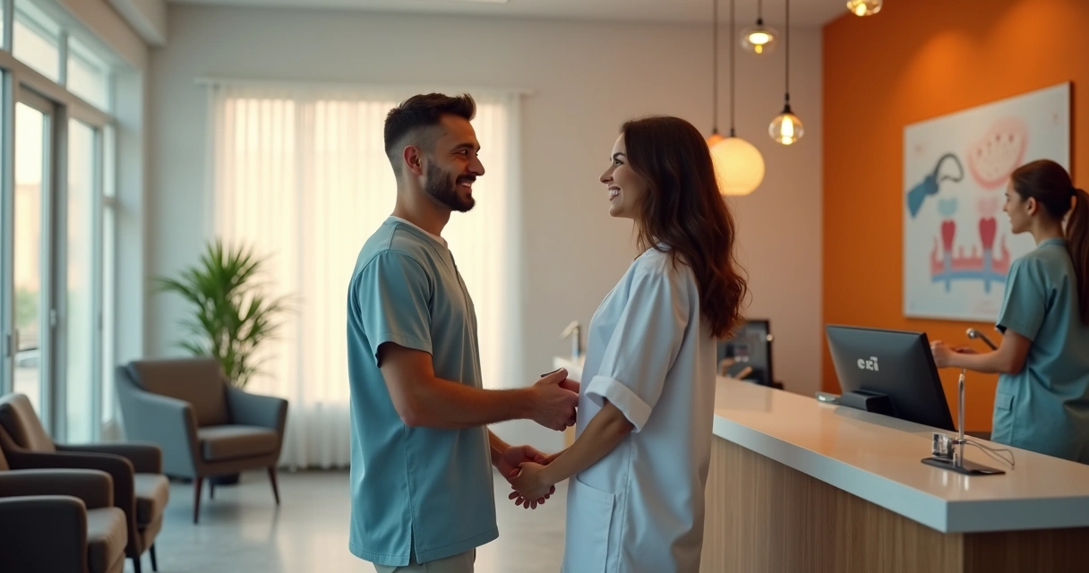 Recepção acolhedora de clínica odontológica ao receber paciente de volta