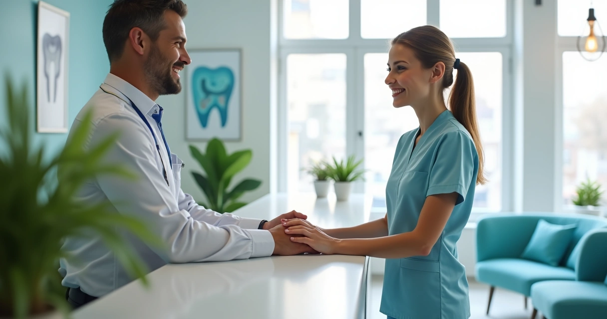Recepcionista de clínica odontológica cumprimentando paciente na entrada 