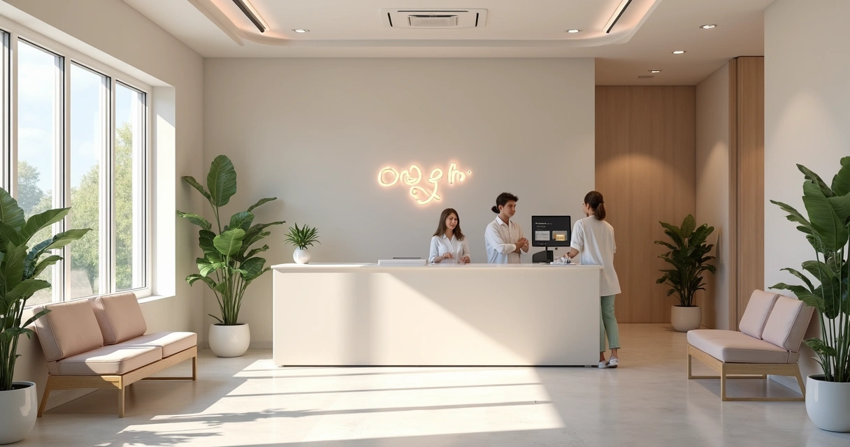 Recepção de clínica odontológica com equipe sorridente