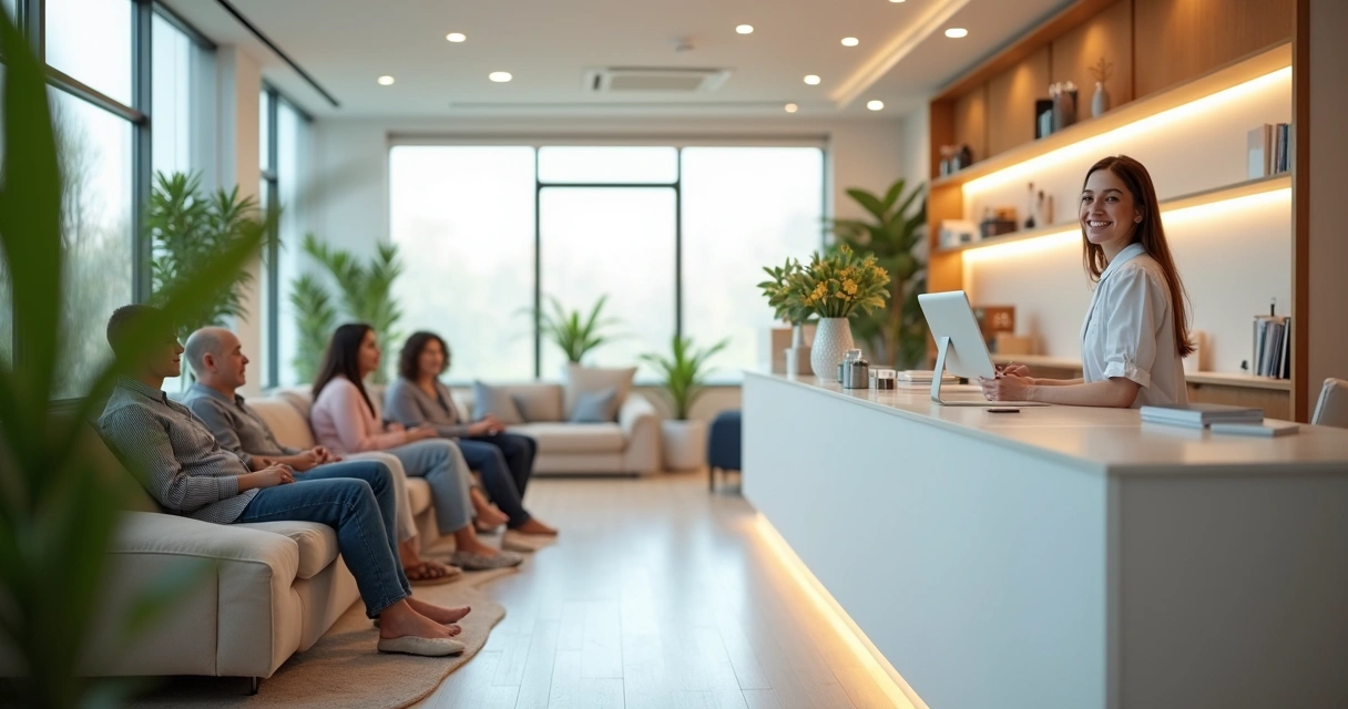 Recepção moderna de clínica odontológica com pacientes aguardando 