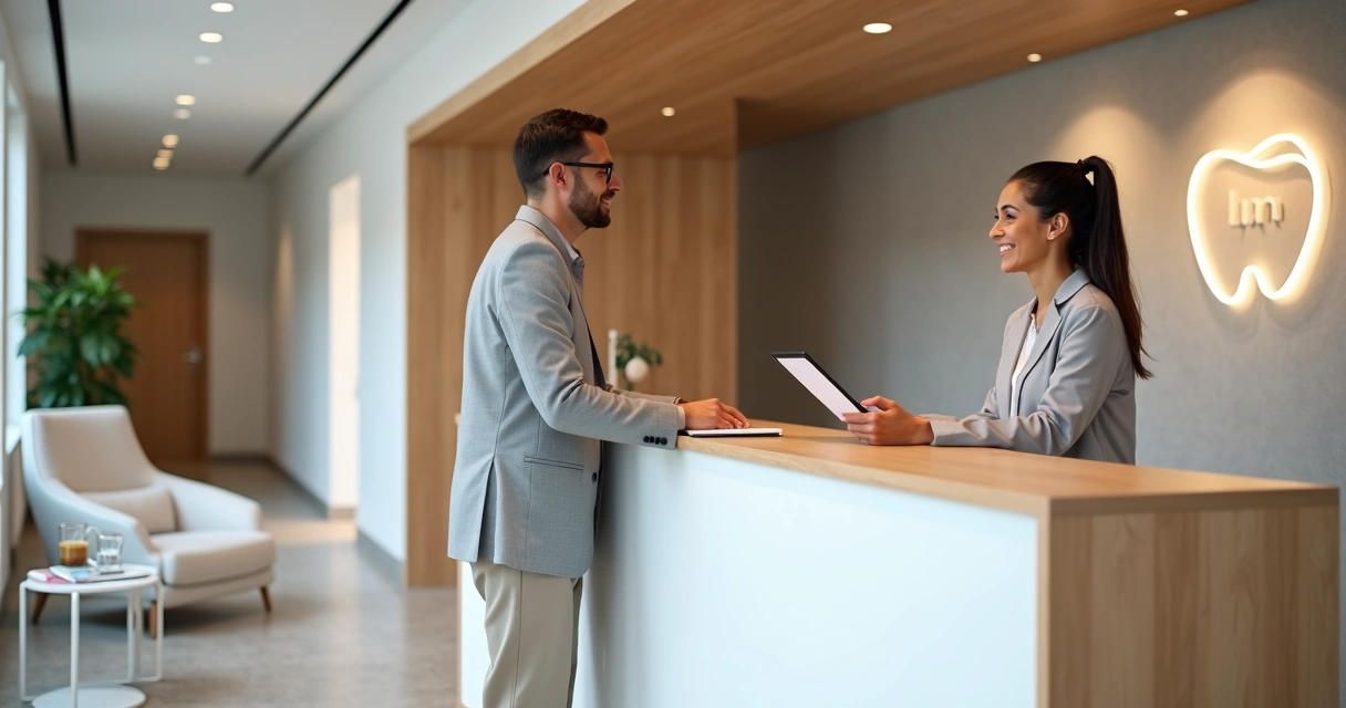 Recepcionista sorridente cumprimentando paciente em clínica odontológica acolhedora 