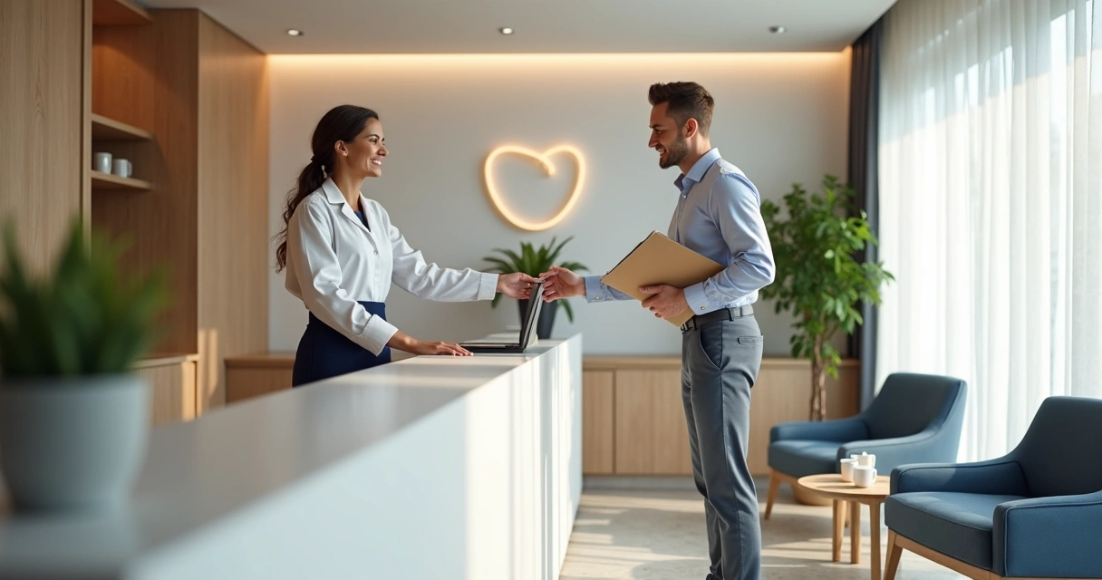 Recepcionista de clínica odontológica cumprimentando paciente em ambiente moderno e acolhedor 
