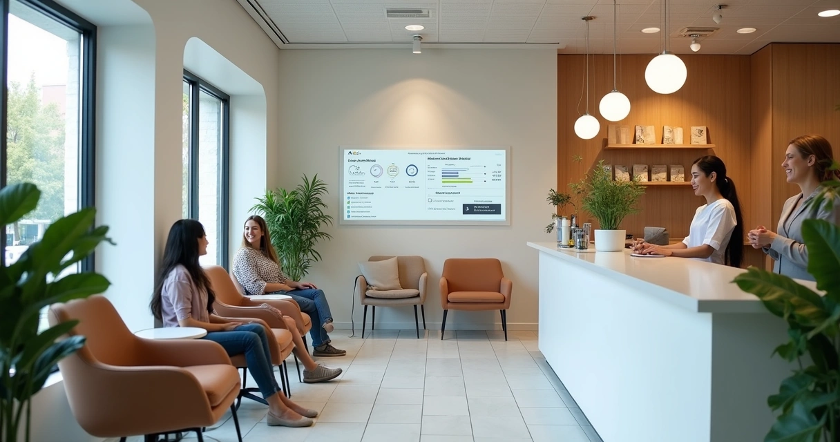 Recepção moderna e acolhedora de clínica odontológica 