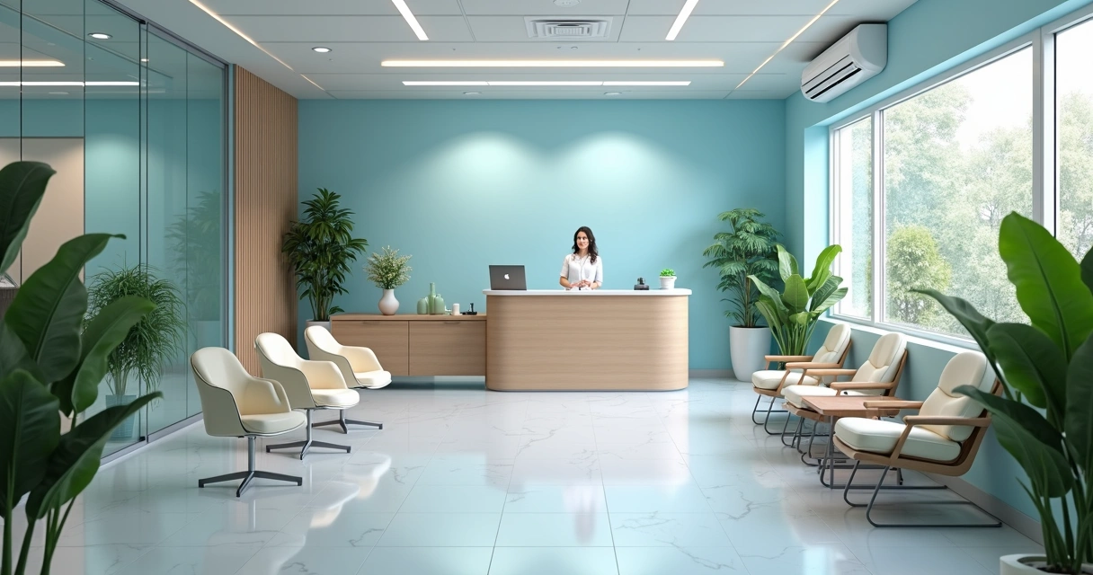 Recepção de clínica odontológica moderna com design elegante, plantas e móveis confortáveis