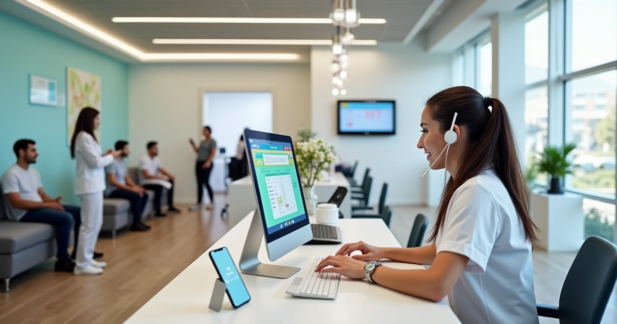 Recepcionista de clínica odontológica atendendo paciente com fila organizada e clima tranquilo 